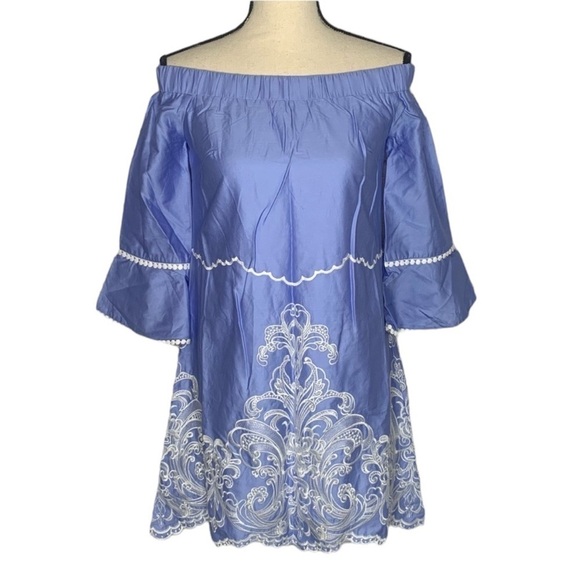 Foxiedox Blue Off Shoulder Embroidered Shift Dress NWT - Picture 3 of 15